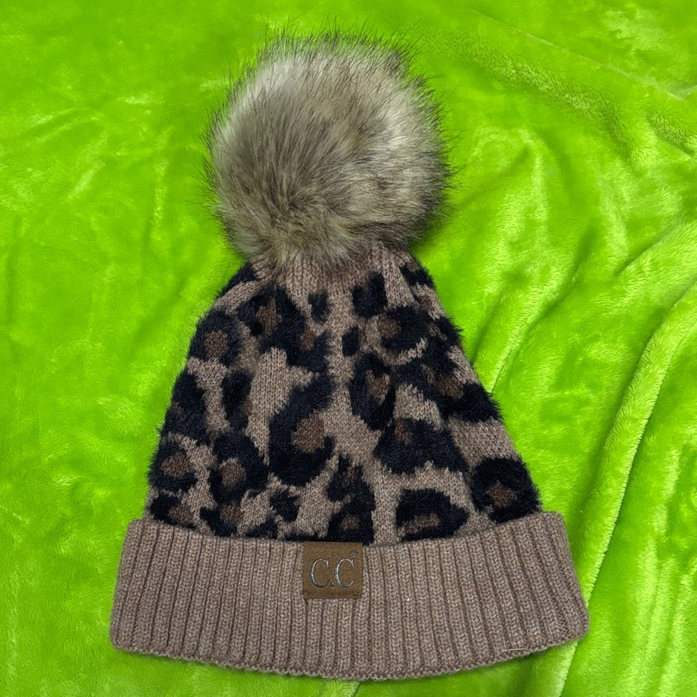 CC Boutique Leopard Print Beanie with Pom Pom - Brown and Black